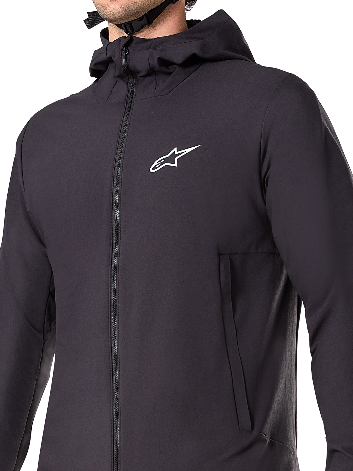 Alpinestars A-Dura Thermal Jacket, giacca da mountain bike nera, primo piano del tessuto tecnico isolante, design leggero e traspirante per il ciclismo off-road in climi freddi