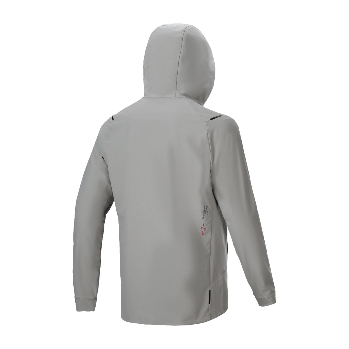 Giacca Termica Alpinestars A-Dura, giacca da ciclismo isolata, grigio titanio, vista posteriore con cappuccio alzato, design minimalista con piccolo dettaglio del logo sulla parte inferiore della schiena, prestazioni termiche leggere per mountain bike