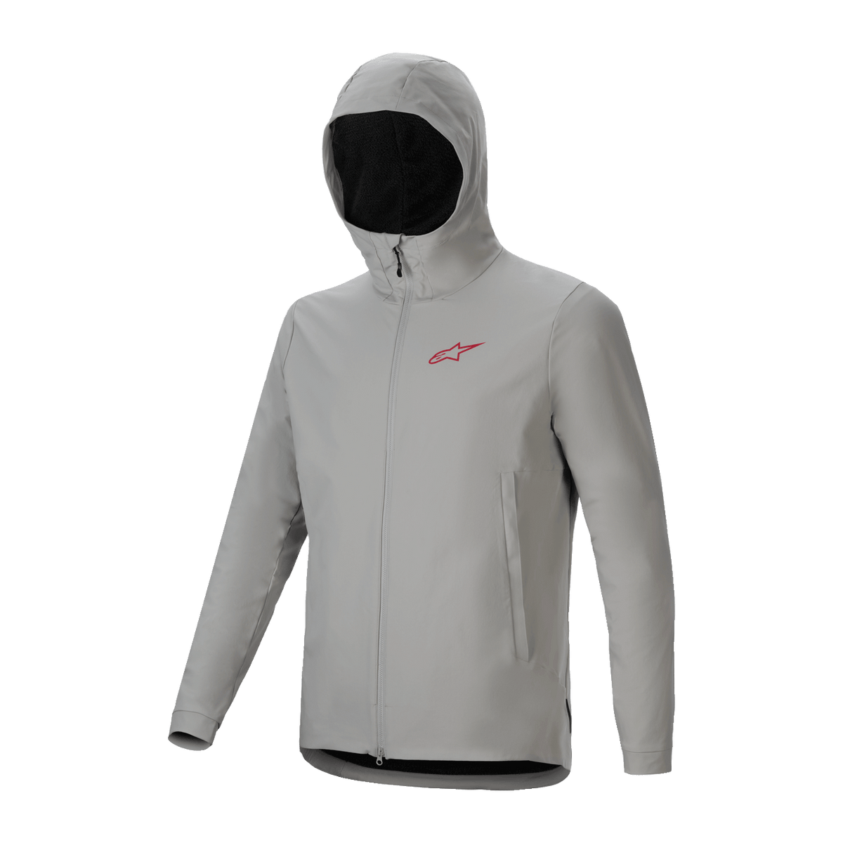 Giacca Termica Alpinestars A-Dura, giacca da ciclismo grigio chiaro Titanium con cappuccio isolante, logo rosso sul petto e zip integrale, abbigliamento tecnico da mountain bike per la protezione dal freddo
