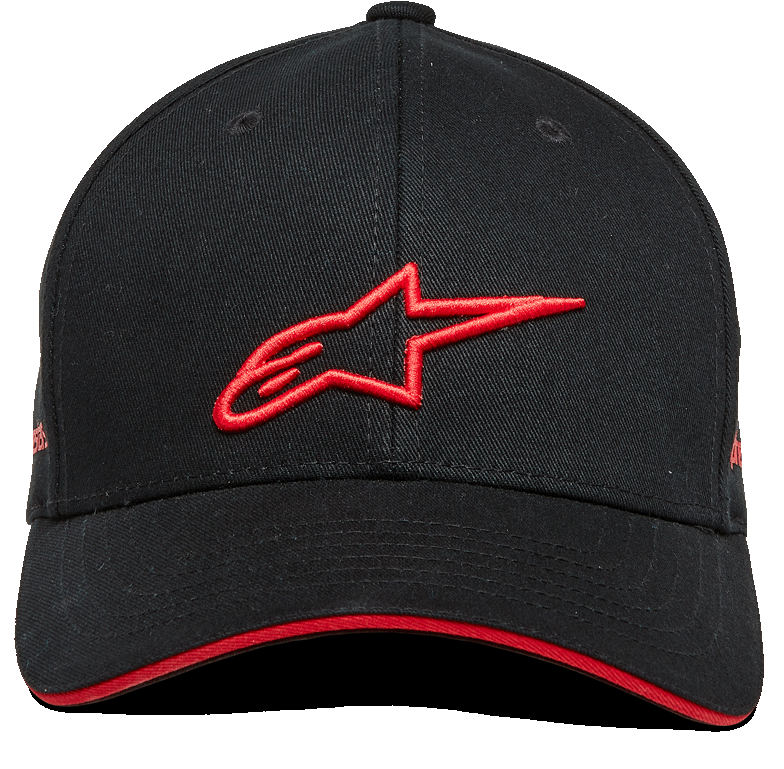 Cappello Alpinestars Rostrum, cappello snapback con visiera curva, nero e rosso, logo A-star rosso ricamato in 3D sul davanti, bordo della visiera sandwich rosso, corona strutturata, tessuto twill, copricapo casual motorsport