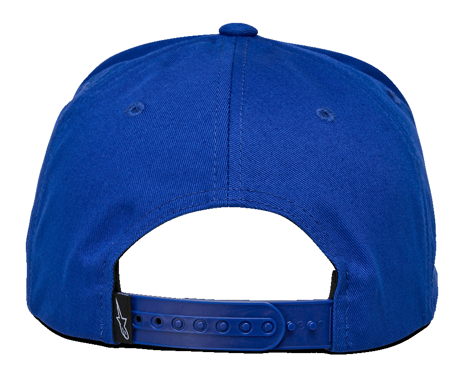 Cappello Alpinestars Los Angeles, vista posteriore, twill di cotone blu, chiusura snapback blu regolabile, piccola etichetta nera con logo Ageless bianco, copricapo casual sportivo