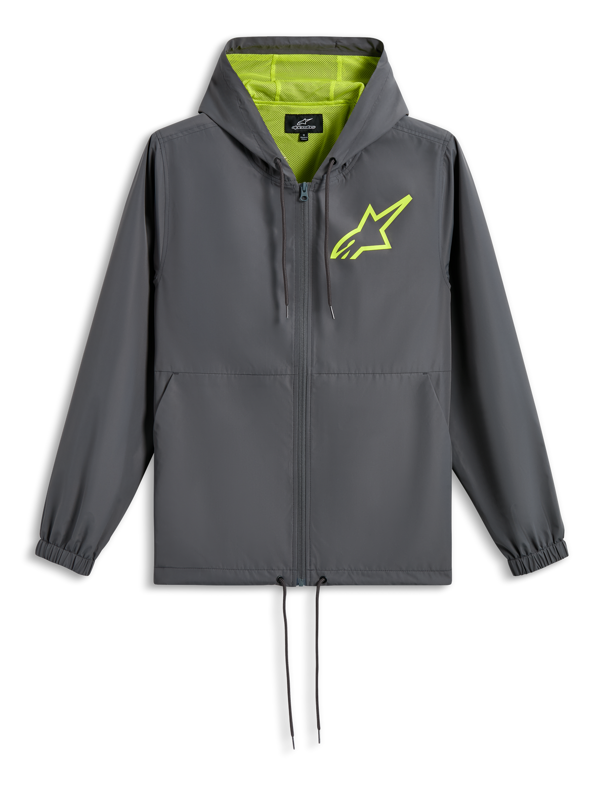 Alpinestars Speeder Chromium Windbreak Jacket, giacca a vento, grigio antracite con giallo Hi-Vis, logo a stella verde lime sul petto, cappuccio foderato in rete, zip integrale e fondo con coulisse, stile casual ispirato al motorsport