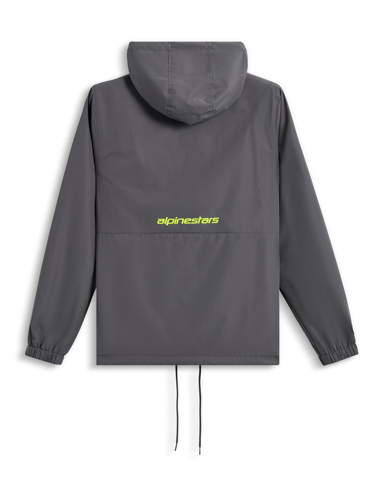 Giacca frangivento Alpinestars Speeder Chromium, vista posteriore, grigio antracite con logo giallo alta visibilità sulla schiena, giacca a vento con cappuccio con polsini elasticizzati e orlo con coulisse, streetwear casual ispirato al motorsport