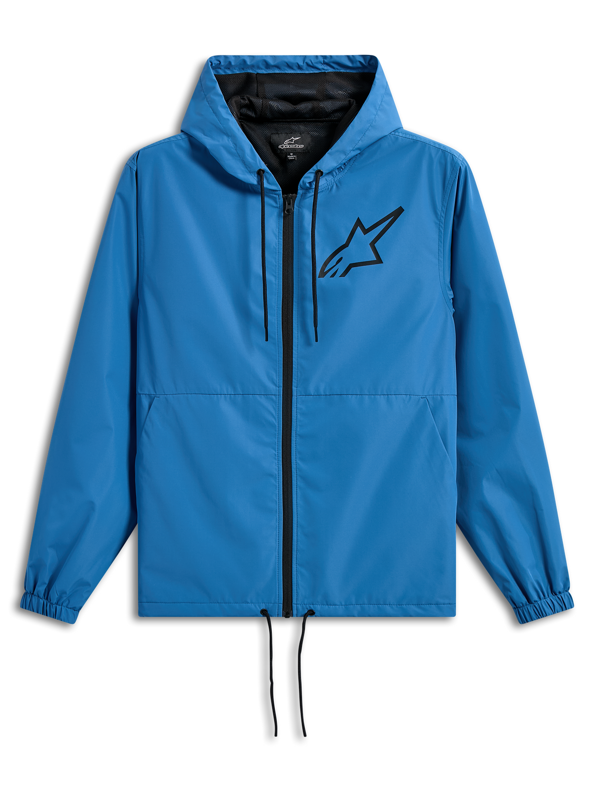 Alpinestars Speeder Chromium Windbreak Jacket, giacca a vento leggera con cappuccio, blu con dettagli neri, logo Astars nero sul petto, fodera in rete, cerniera frontale e cordini regolabili su cappuccio e orlo