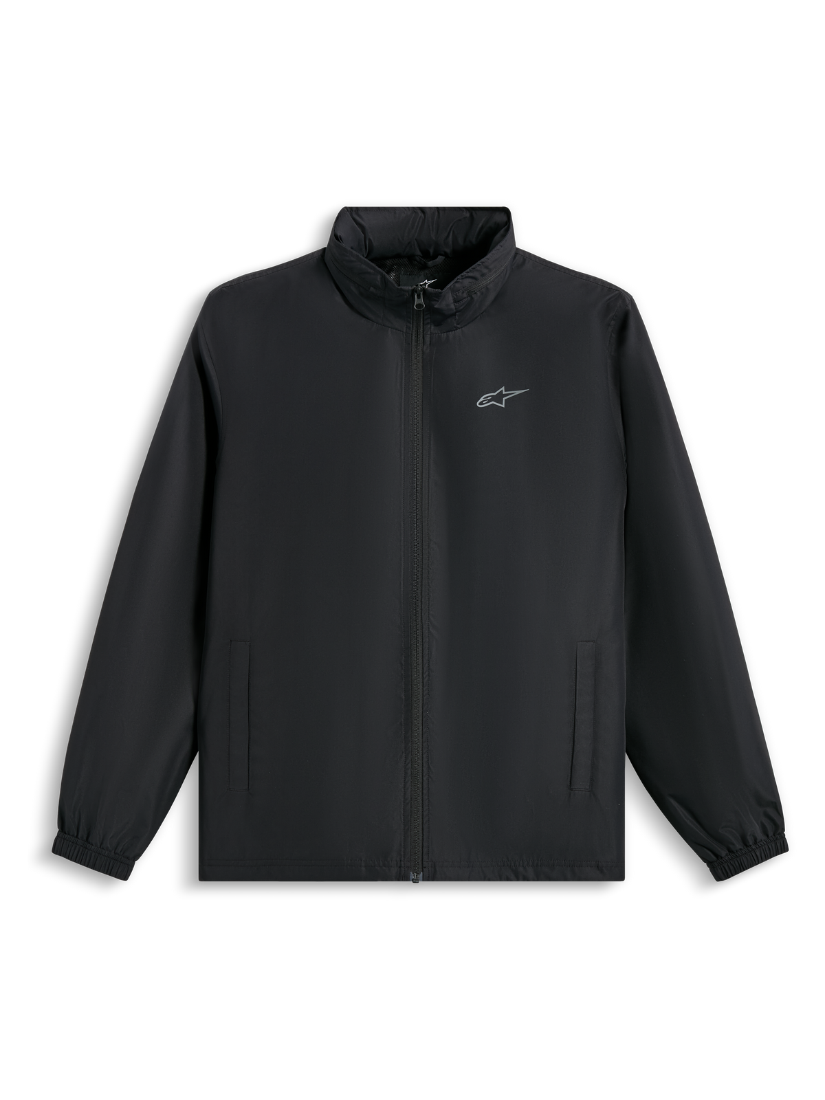 Giacca Alpinestars Overhaul Racer, giacca guscio antipioggia nera, con piccolo logo argento sul petto, cerniera frontale completa e tasche laterali, streetwear casual ispirato al motorsport