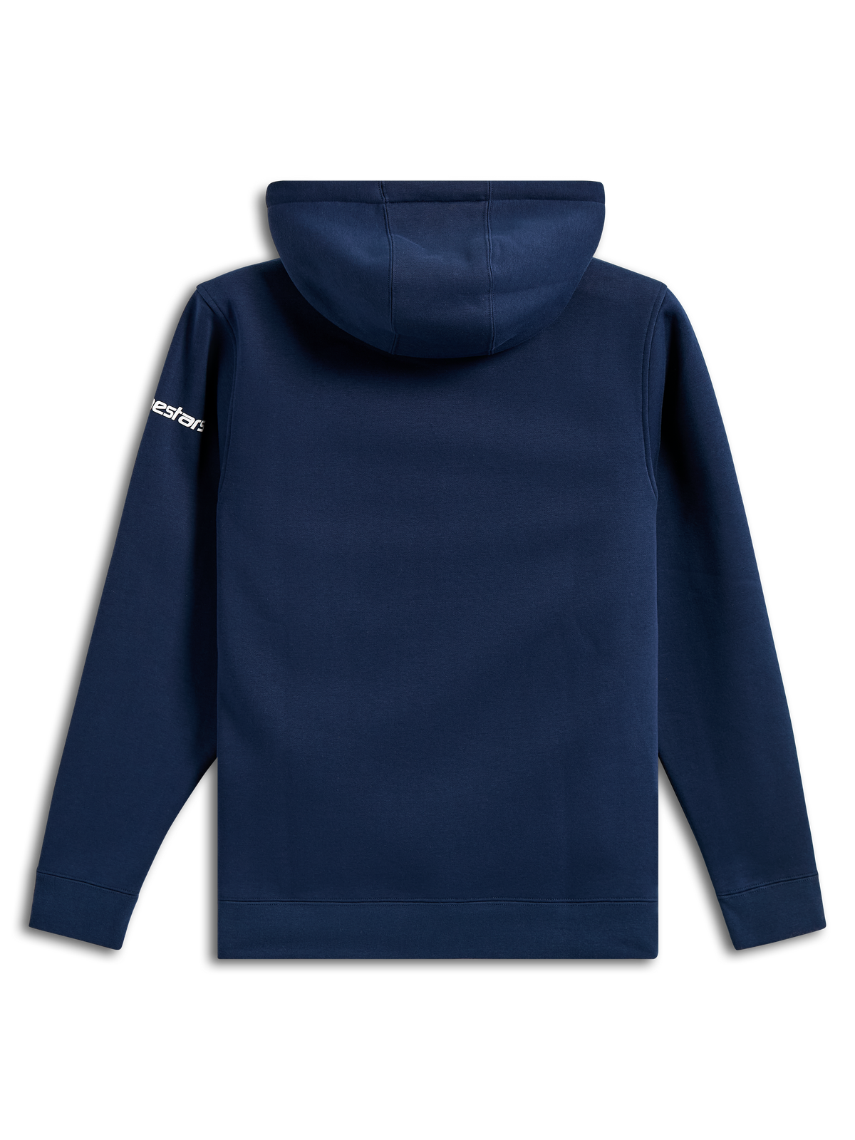 Alpinestars Frontal Hoodie, felpa casual in pile blu navy, vista posteriore, logo Alpinestars bianco sulla manica, polsini e orlo a coste, streetwear ispirato al motorsport