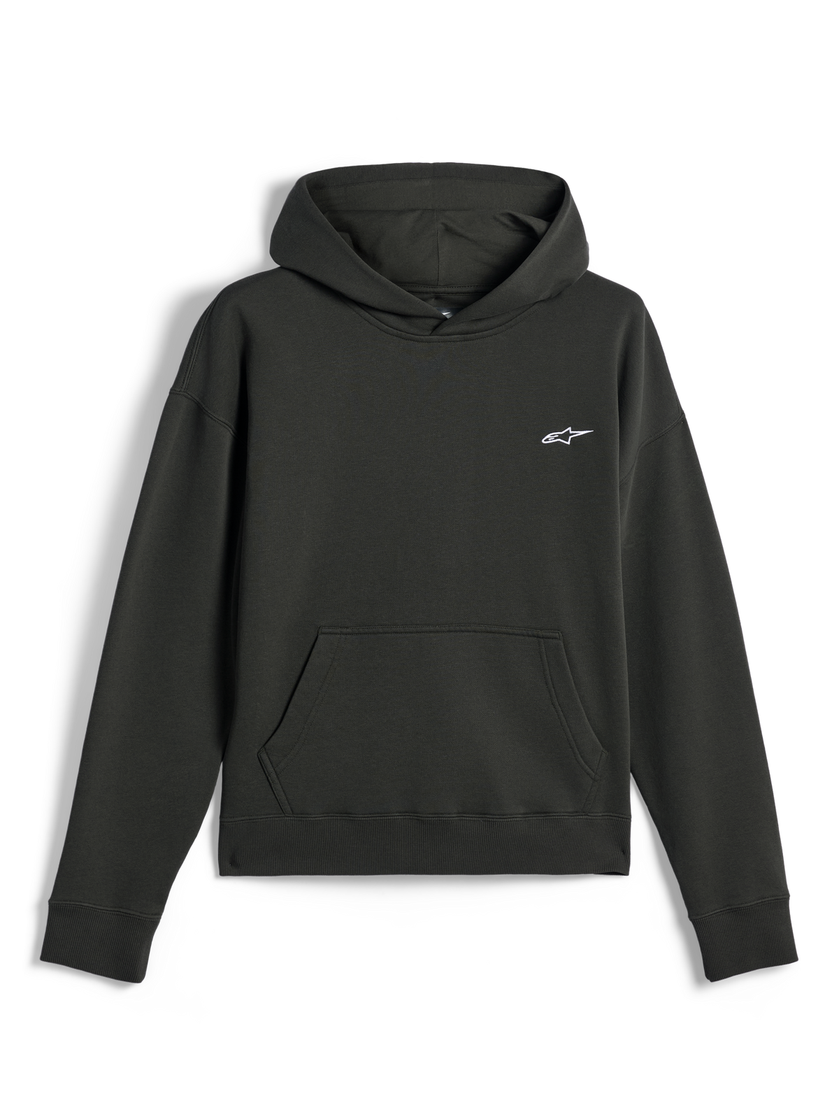 Felpa con cappuccio Alpinestars Essentials Ageless, streetwear casual, colore Off Black con piccolo logo Astars bianco, modello pullover con cappuccio e tasca a marsupio frontale, finitura in pile premium stone-washed