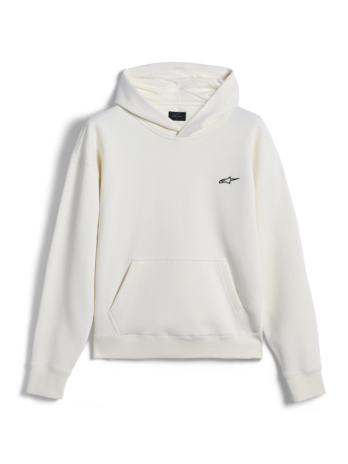 Felpa con cappuccio Alpinestars Essentials Ageless, streetwear casual, bianco sporco con piccolo logo Astar nero sul petto, tasca a marsupio, maniche lunghe, design minimalista ispirato al motorsport