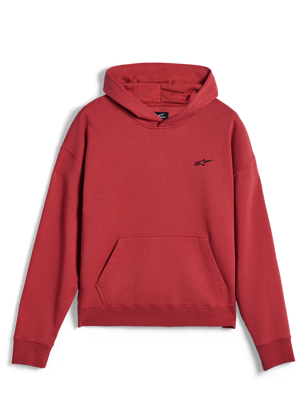 Alpinestars Essentials Ageless Hoodie, abbigliamento sportivo casual, rosso mattone, con un piccolo logo a stella Alpinestars nero sul petto, tasca a marsupio e orlo e polsini a costine, design streetwear minimalista