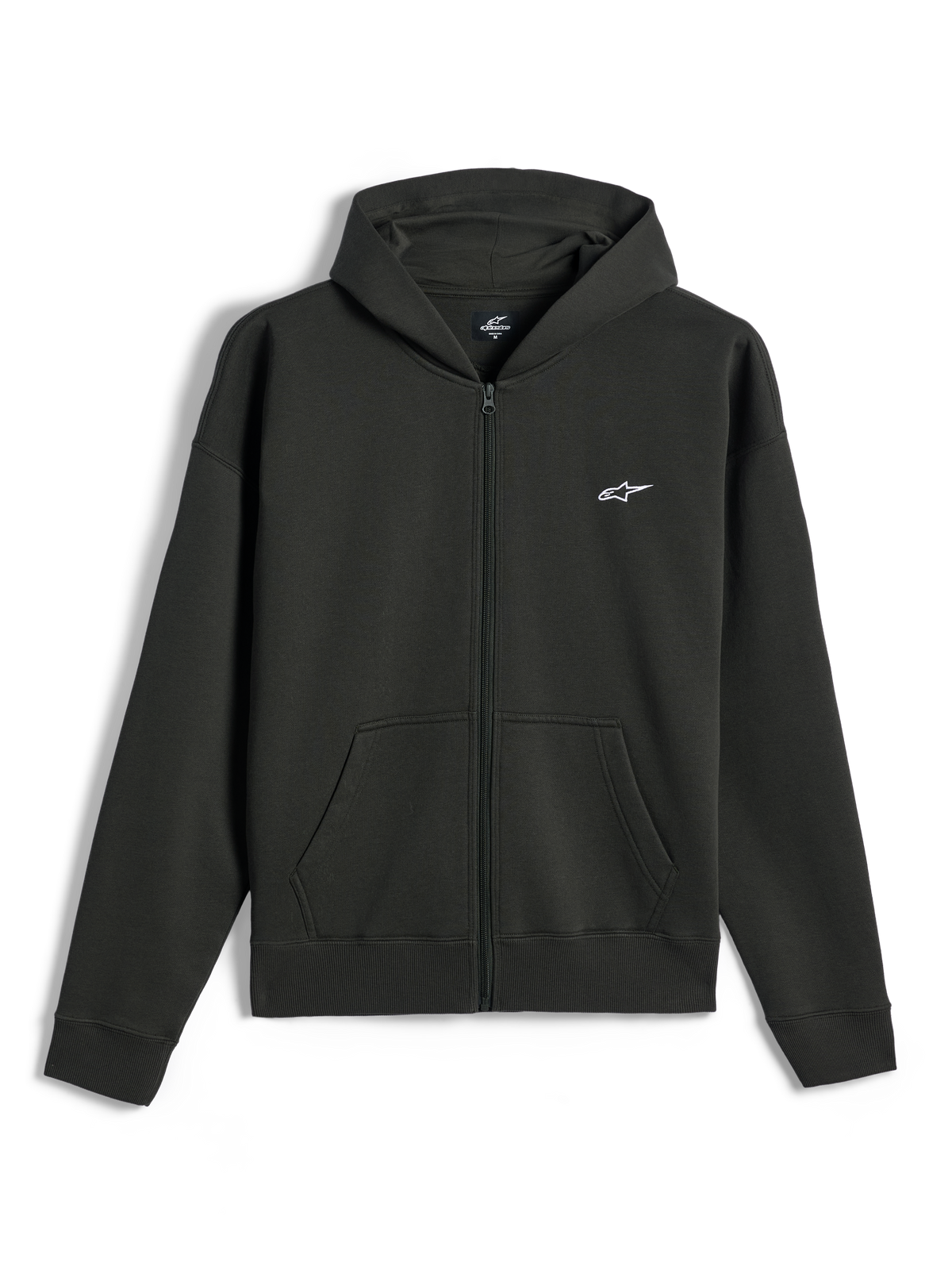 Alpinestars Essentials Ageless Zip Hoodie, felpa in pile con zip integrale, Off Black, piccolo logo Alpinestars bianco sul petto a sinistra, streetwear casual motorsport, con tasche anteriori e polsini a costine