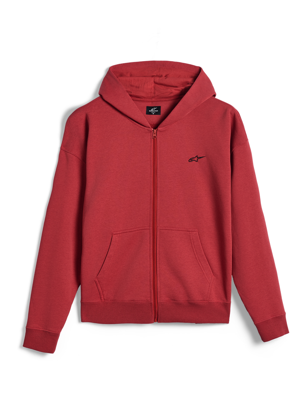 Alpinestars Essentials Ageless Zip Hoodie, felpa con cappuccio e zip integrale, colore rosso mattone, piccolo logo Alpinestars nero sul petto, abbigliamento streetwear casual, polsini e orlo a costine