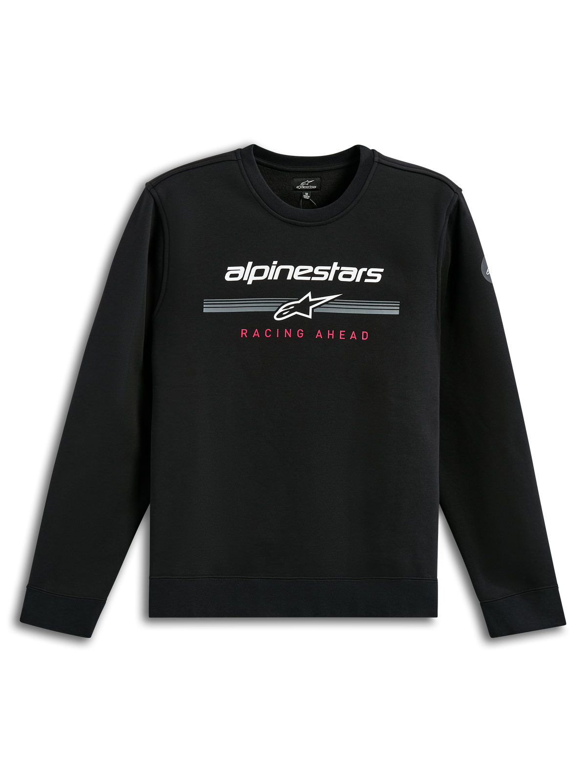 Alpinestars Bettern Crew, felpa girocollo nera, marchio Alpinestars bianco con strisce racing grigie, scritta rossa 'Racing Ahead', streetwear casual ispirato al motorsport