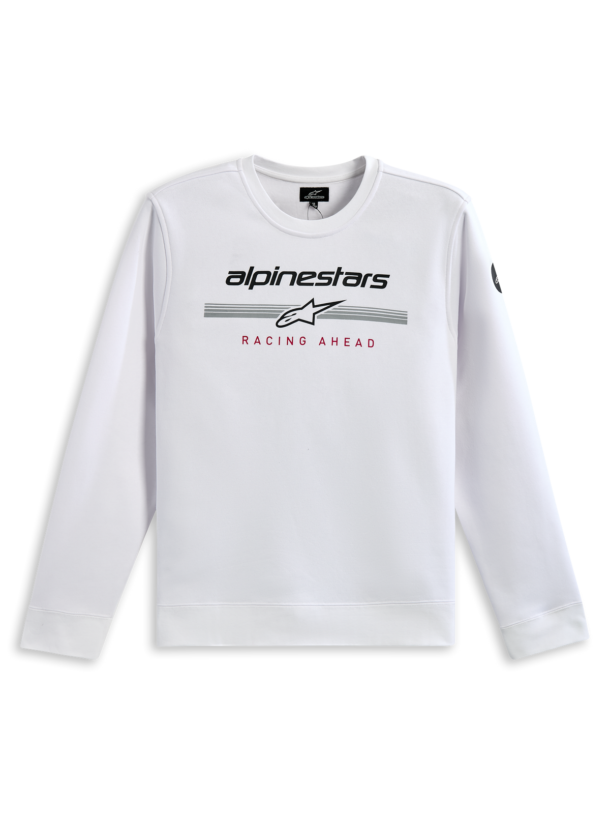 Alpinestars Bettern Crew Sweatshirt, bianca, con marchio Alpinestars nero, strisce racing grigie con logo a stella bianco e stampa 'RACING AHEAD' rossa, streetwear casual ispirato al motorsport