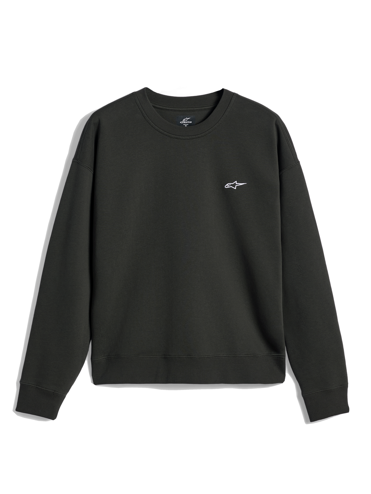 Alpinestars Essentials Ageless Crew, felpa girocollo, Off Black, piccolo logo A-star bianco sul petto, colletto, polsini e orlo a costine, streetwear casual in pile premium