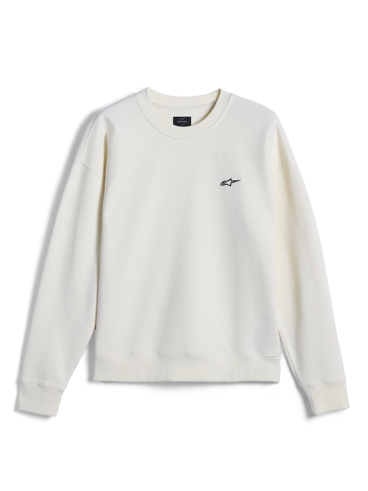 Alpinestars Essentials Ageless Crew, felpa girocollo, bianco panna, piccolo logo Alpinestars nero sul petto, colletto, polsini e orlo a costine, streetwear casual ispirato al motorsport