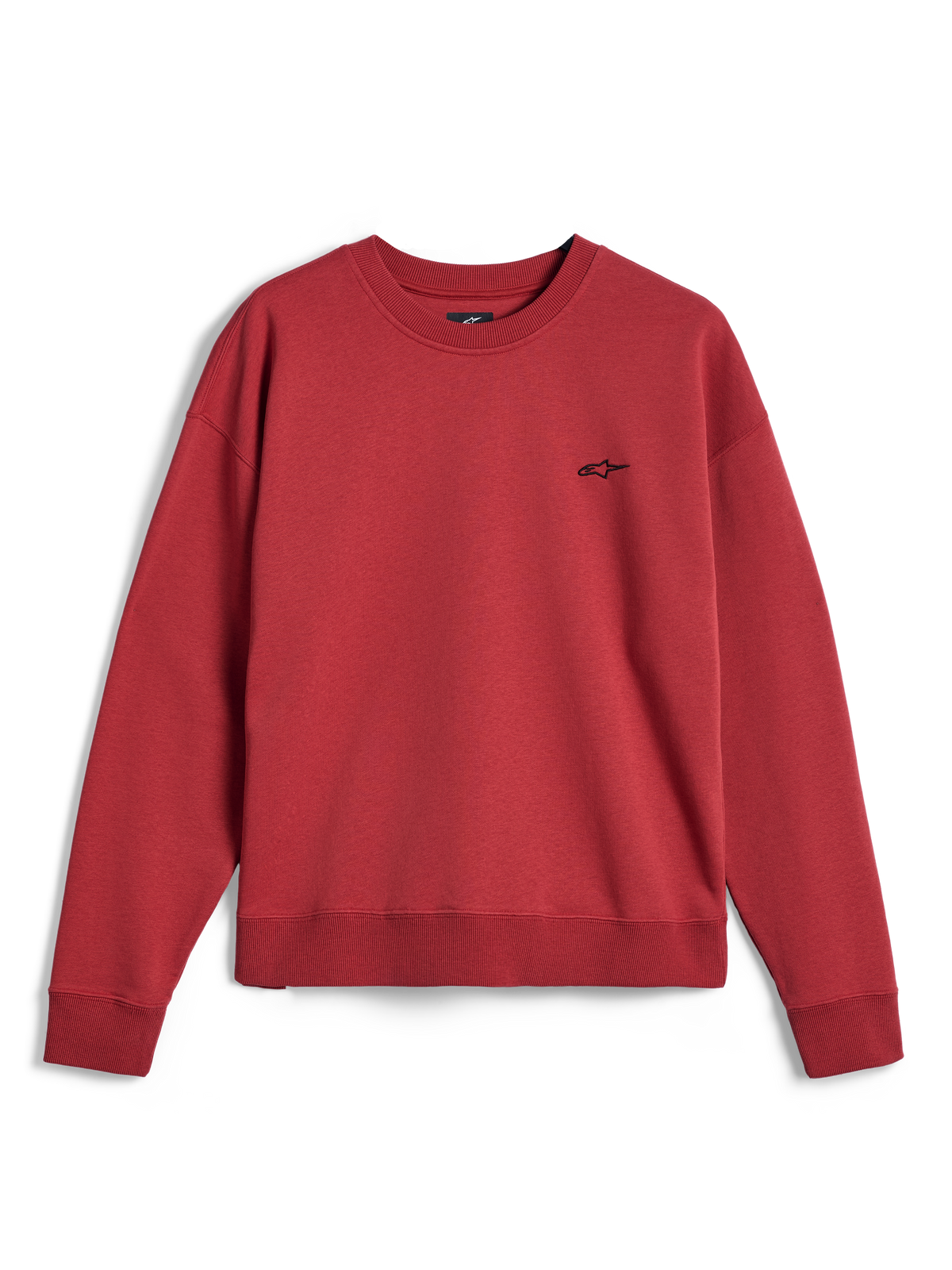 Alpinestars Essentials Ageless Crew, felpa girocollo in rosso Brick, con un piccolo logo Alpinestars nero sul petto, collo, polsini e orlo a costine, pile casual premium