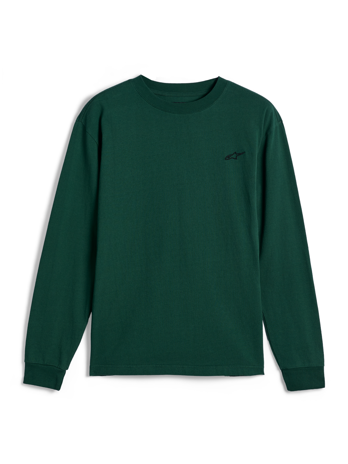 Alpinestars Essentials Ageless LS Tee, t-shirt a maniche lunghe, verde pino, piccolo logo nero ricamato sul petto a sinistra, streetwear casual ispirato al motorsport