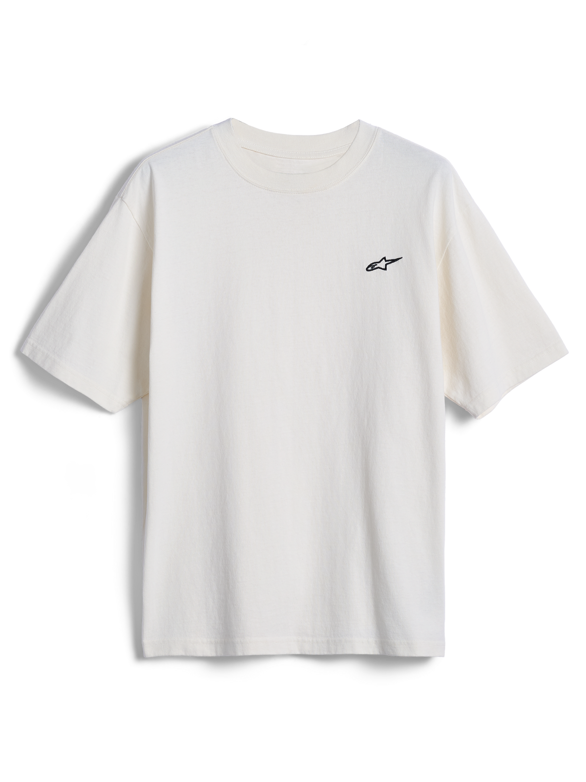 Alpinestars Essentials Ageless SS Tee, t-shirt a maniche corte, bianco sporco, piccolo logo Alpinestars a stella nero sul petto, streetwear casual ispirato al motorsport