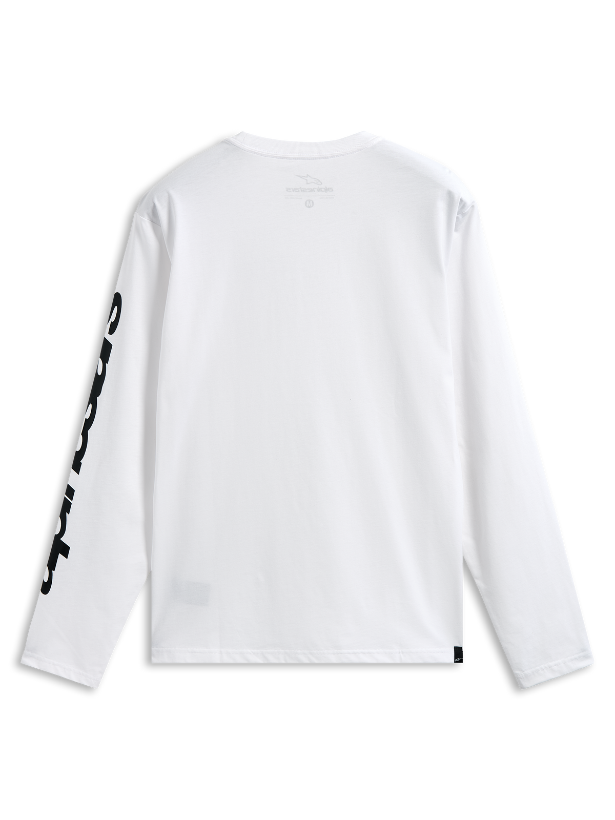 Alpinestars Trackside CSF Tee, maglia a maniche lunghe, bianco e nero, vista posteriore con audace grafica nera sulla manica, streetwear casual ispirato al motorsport