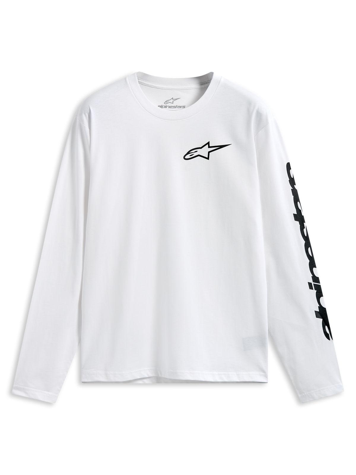 Alpinestars Trackside CSF Tee, t-shirt a maniche lunghe, bianco, logo Alpinestars nero sul petto e scritta sulla manica, abbigliamento sportivo casual motorsport