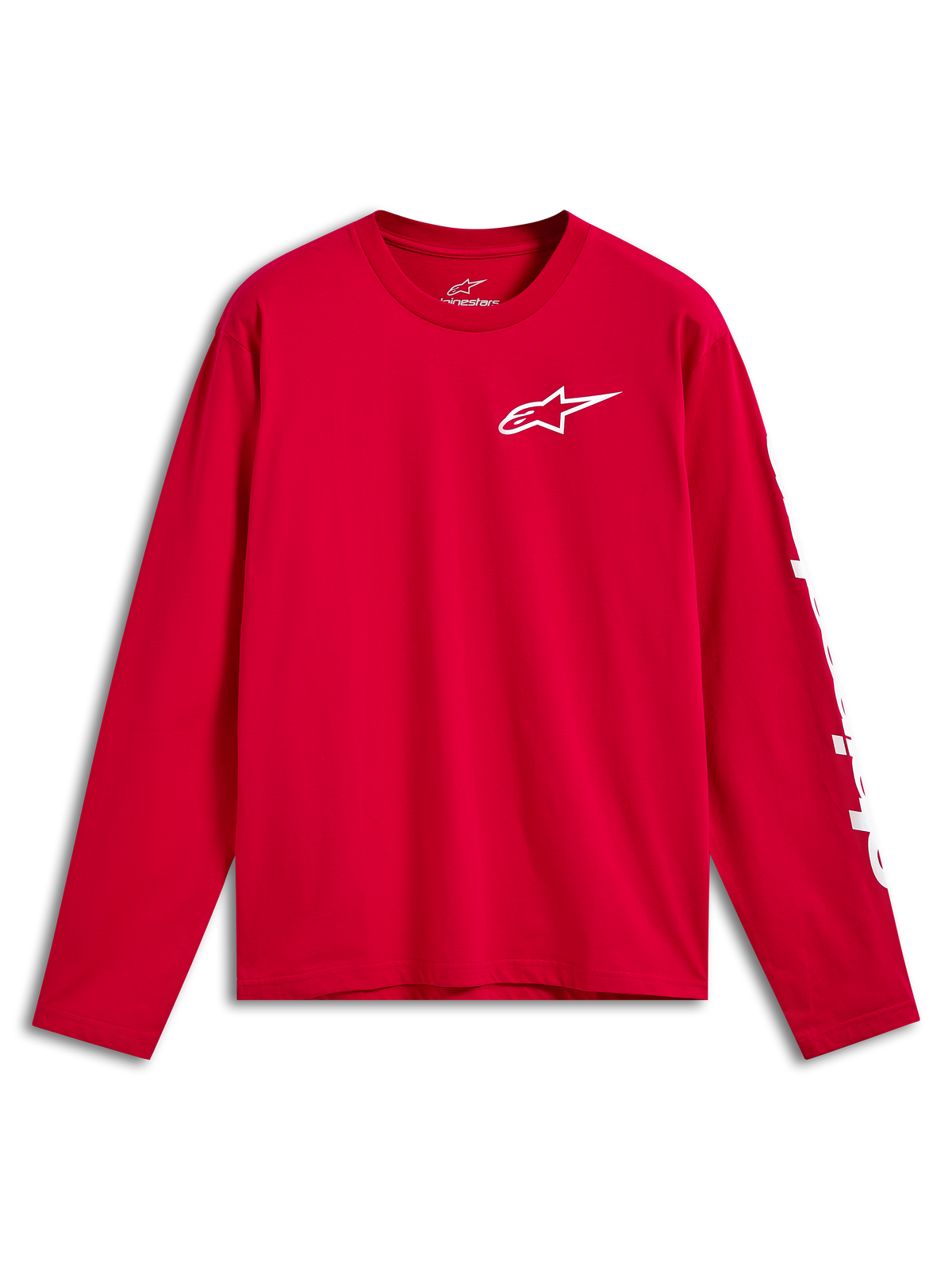 Alpinestars Trackside CSF Tee, maglia a maniche lunghe, rosso con logo Front Ride 4.0 bianco sul petto e branding bianco sulla manica, abbigliamento sportivo casual motorsport