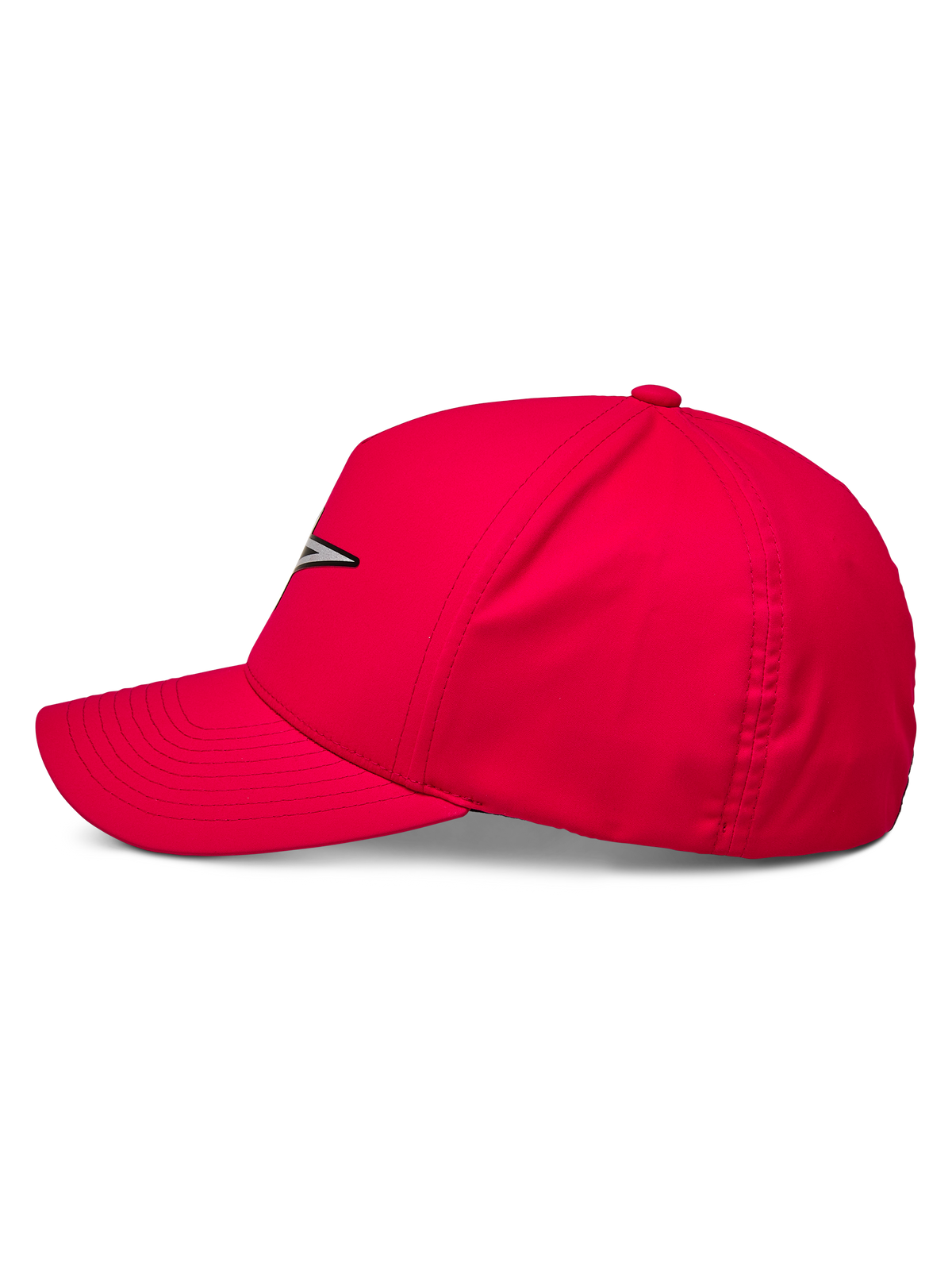 Alpinestars Ageless Reflex Waterproof Hat, berretto da baseball rosso, vista laterale del profilo con visiera curva e corona strutturata, logo Astars riflettente sul davanti, abbigliamento sportivo casual ad alte prestazioni