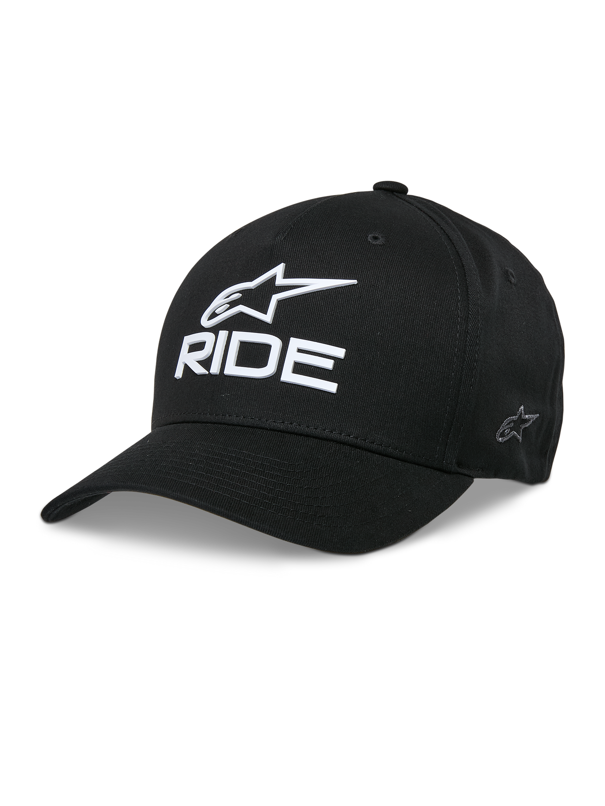 Alpinestars Ride Sonic Hat, cappello da baseball nero, logo con stella e scritta RIDE ricamati in 3D bianchi, visiera curva, corona strutturata, copricapo casual motorsport