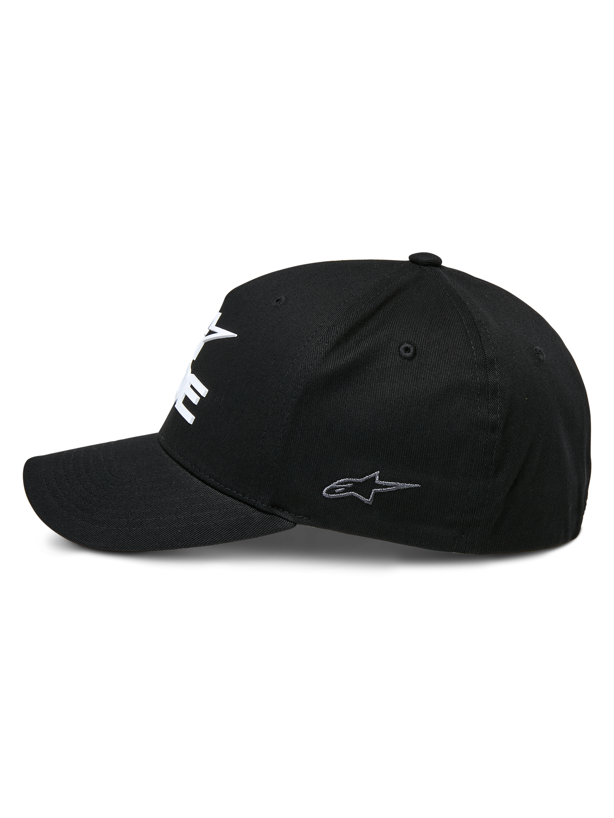 Alpinestars Ride Sonic Hat, cappello da baseball strutturato, nero, vista laterale di profilo con visiera curva e piccolo logo a stella grigio ricamato sul pannello laterale, tessuto twill elasticizzato, copricapo casual da motorsport