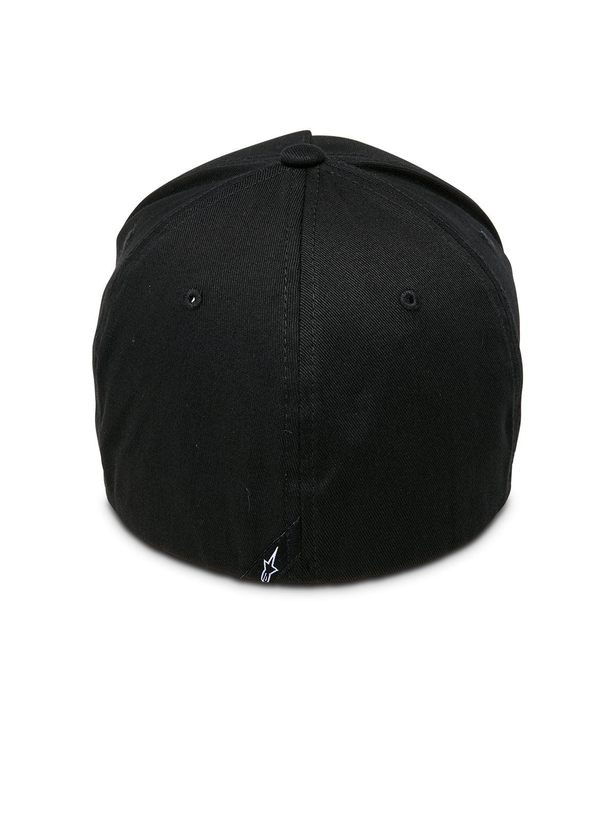 Cappello Alpinestars Ride Sonic, nero e bianco, vista posteriore con corona strutturata e costruzione retro flessibile, piccola etichetta con logo a stella bianco, copricapo casual ispirato al motorsport