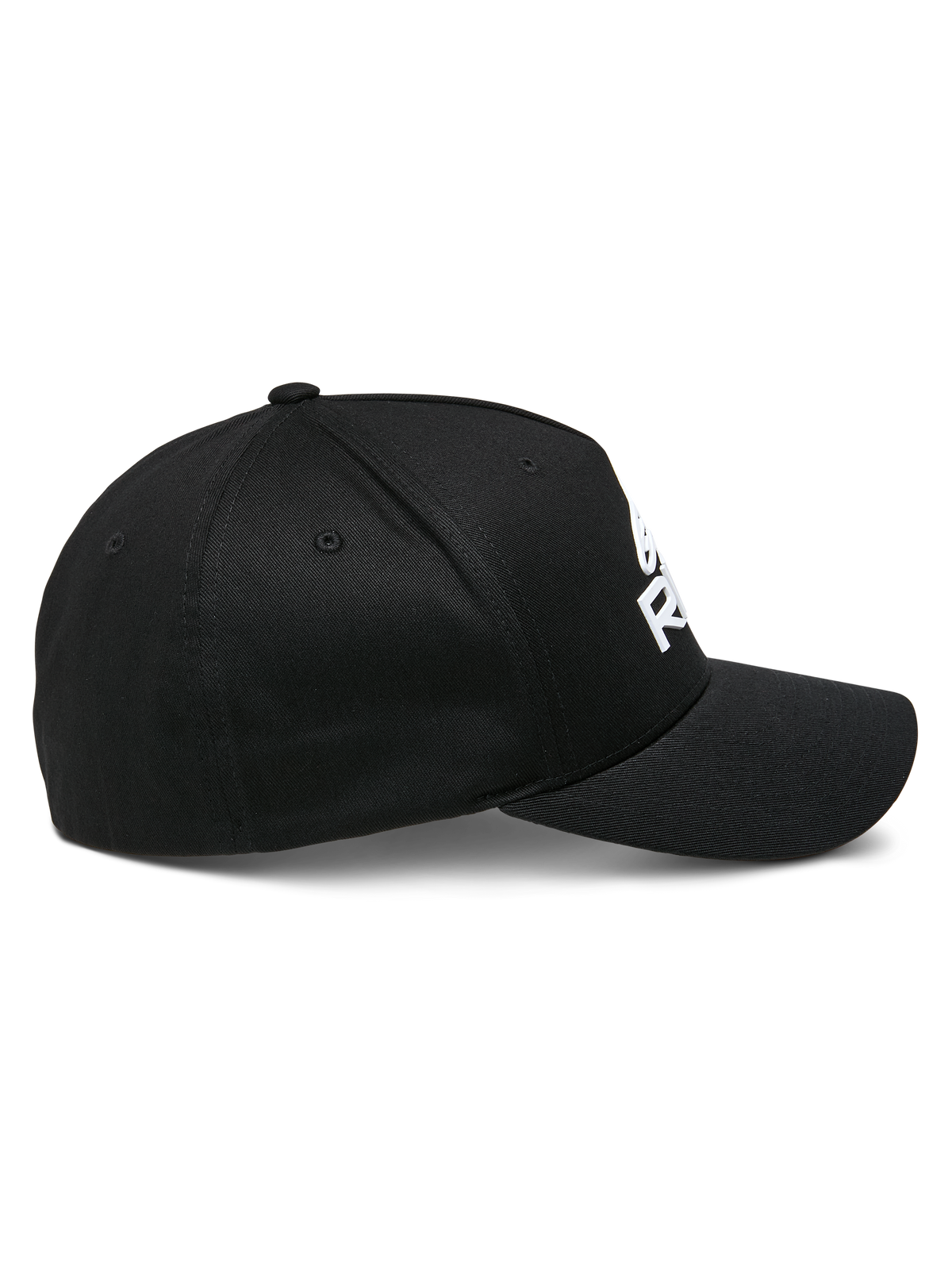 Cappello Alpinestars Ride Sonic, vista di profilo, nero con logo ricamato 3D bianco, visiera curva, corona strutturata, tessuto twill elasticizzato, copricapo casual da motorsport