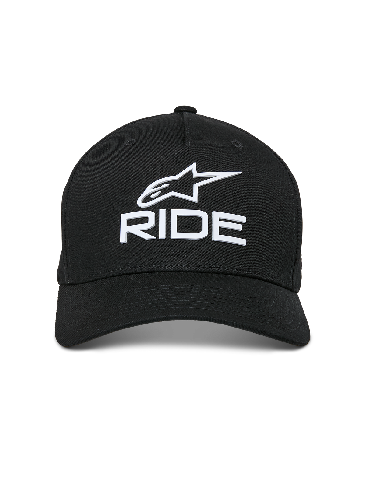 Alpinestars Cappello Ride Sonic, nero, logo bianco ricamato in 3D con stella Alpinestars e scritta 'RIDE', visiera curva, corona strutturata, stile streetwear casual ispirato al motorsport