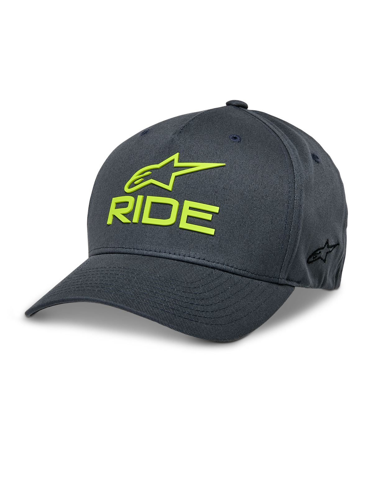 Cappello Alpinestars Ride Sonic, cappellino da baseball grigio antracite e giallo fluo, logo RIDE e logo a stella ricamati in 3D, visiera curva, corona strutturata, copricapo casual da motorsport in twill elasticizzato