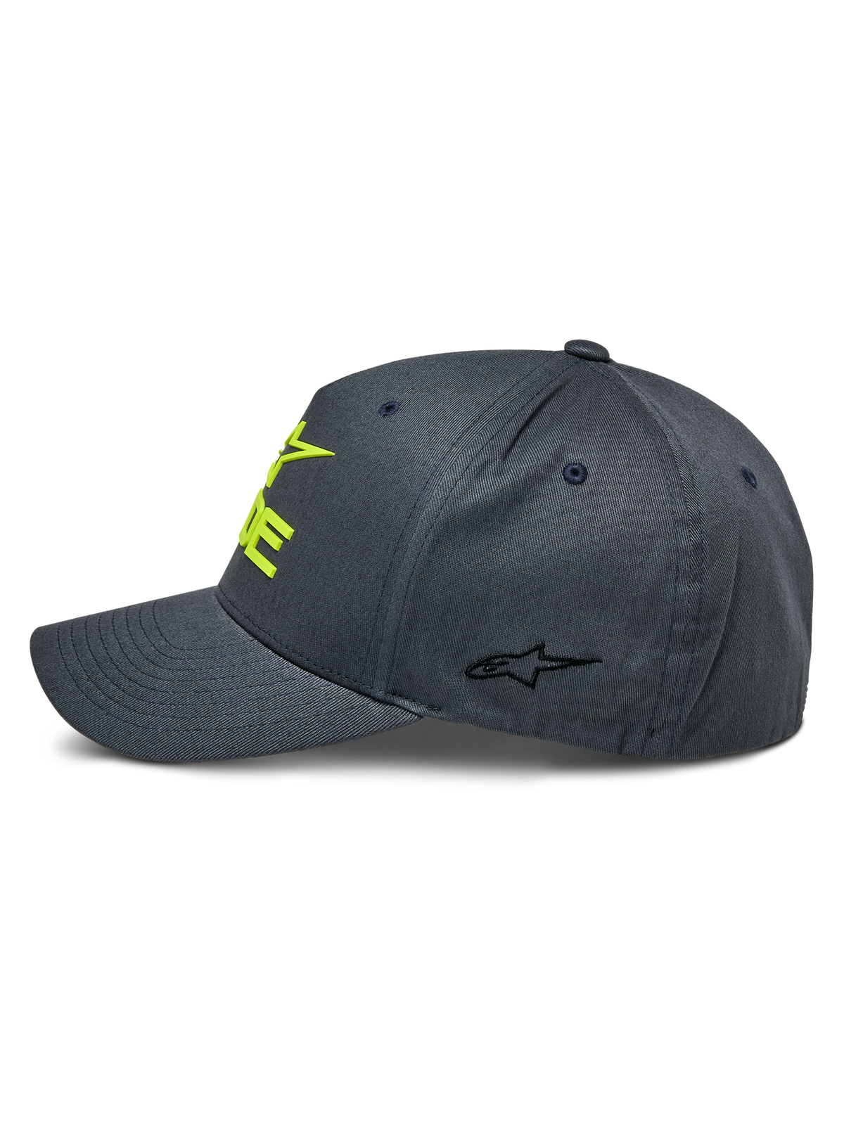 Cappello Alpinestars Ride Sonic, antracite e giallo alta visibilità, vista laterale con visiera curva e corona strutturata, logo giallo ricamato 3D sul davanti e piccolo logo a stella nero sul lato, copricapo casual da motorsport