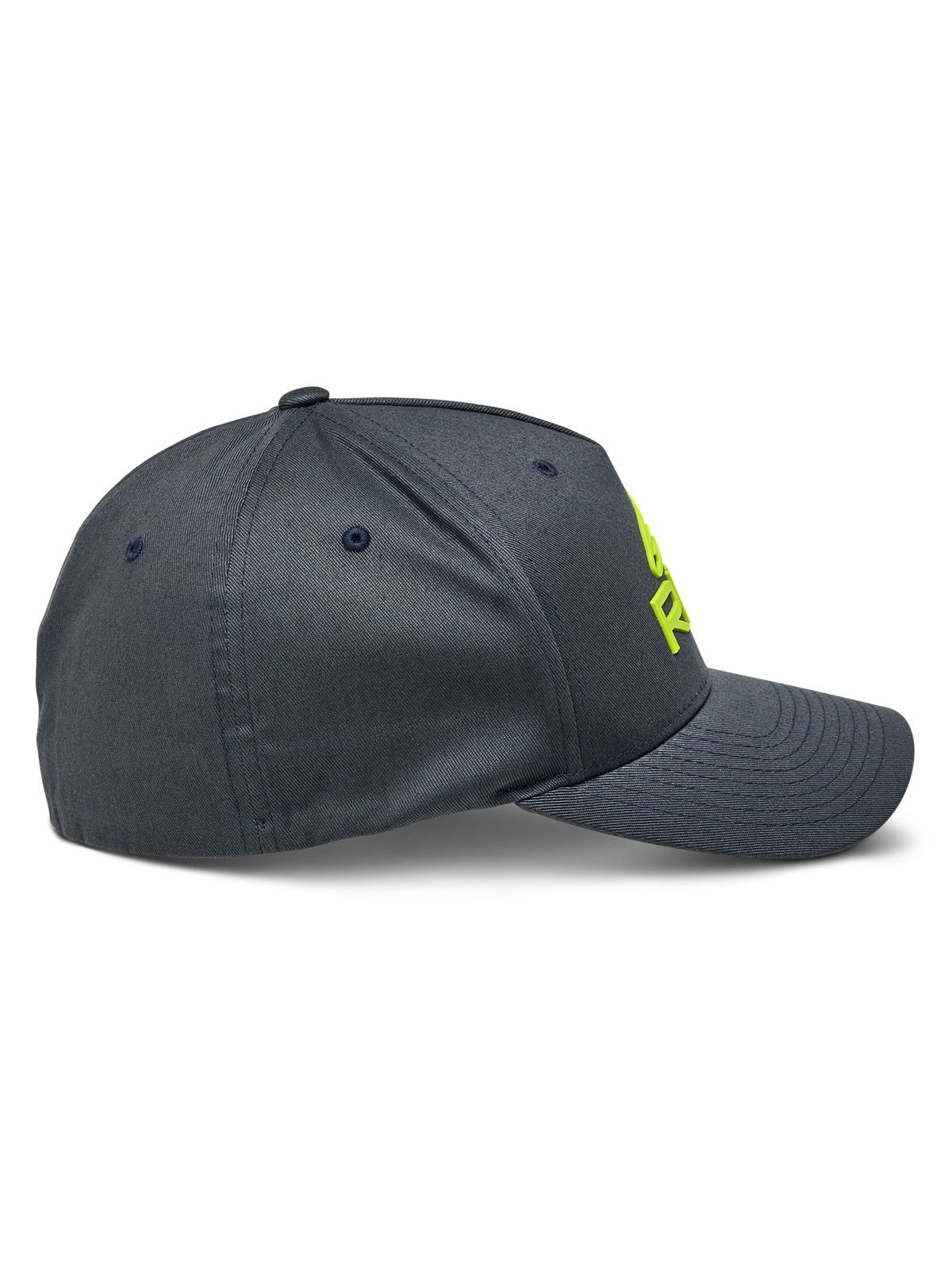 Cappello Alpinestars Ride Sonic, vista laterale, grigio antracite con logo ricamato 3D giallo fluo, visiera curva e corona strutturata, copricapo casual da motorsport in twill elasticizzato