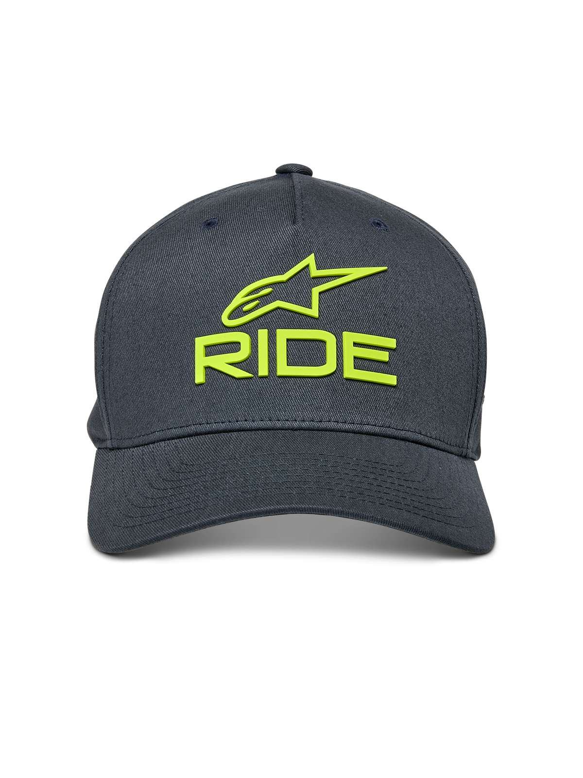 Cappello Alpinestars Ride Sonic, grigio antracite con giallo fluo, logo Alpinestars e scritta RIDE ricamati in 3D, visiera curva, corona strutturata, accessorio casual ispirato al motorsport