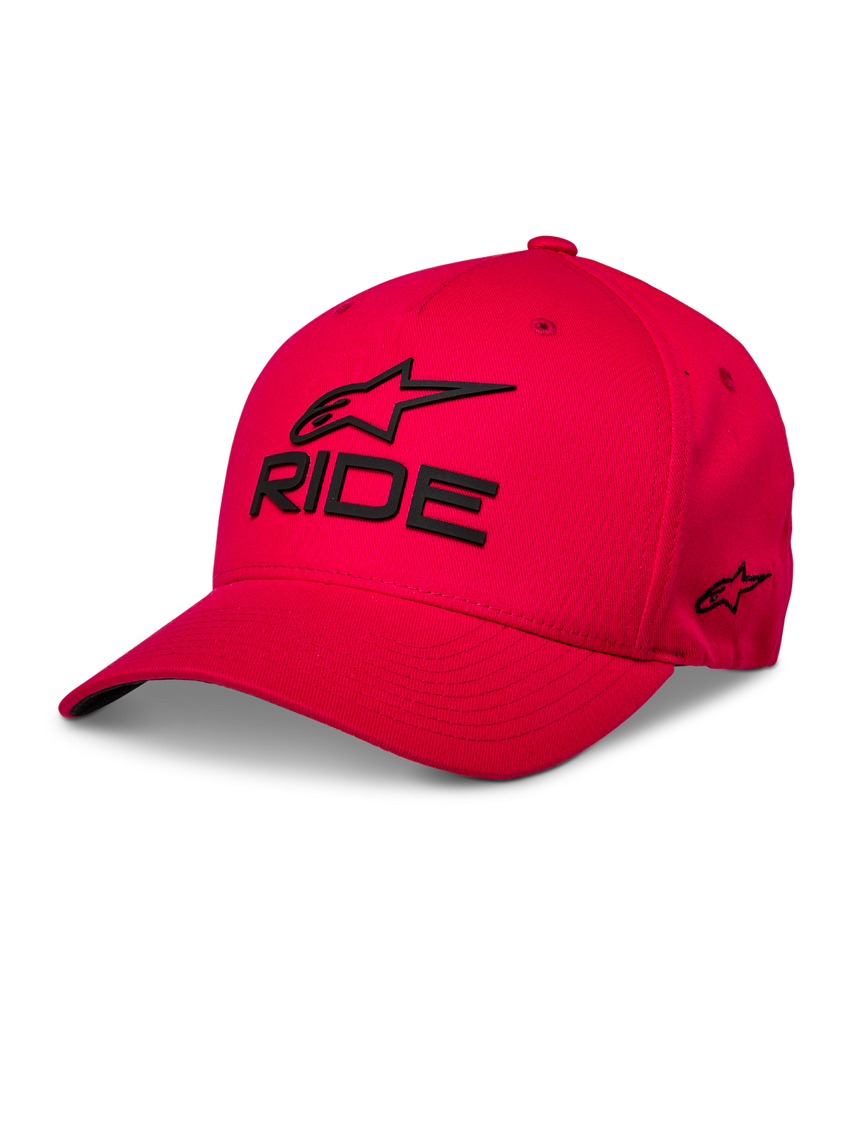Alpinestars Ride Sonic Hat, cappellino da baseball rosso, logo Alpinestars e scritta "RIDE" ricamati in 3D neri, visiera curva, corona strutturata, streetwear casual motorsport