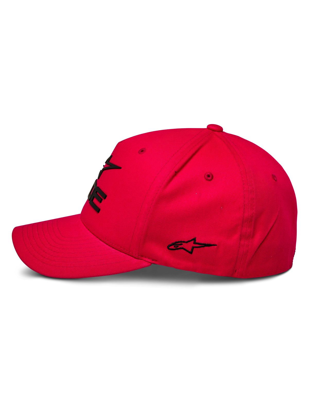 Alpinestars Ride Sonic Hat, cappellino sportswear, rosso, vista laterale con visiera curva e corona strutturata, logo 3D e dettaglio stella ricamati in nero, design casual ispirato ai motori