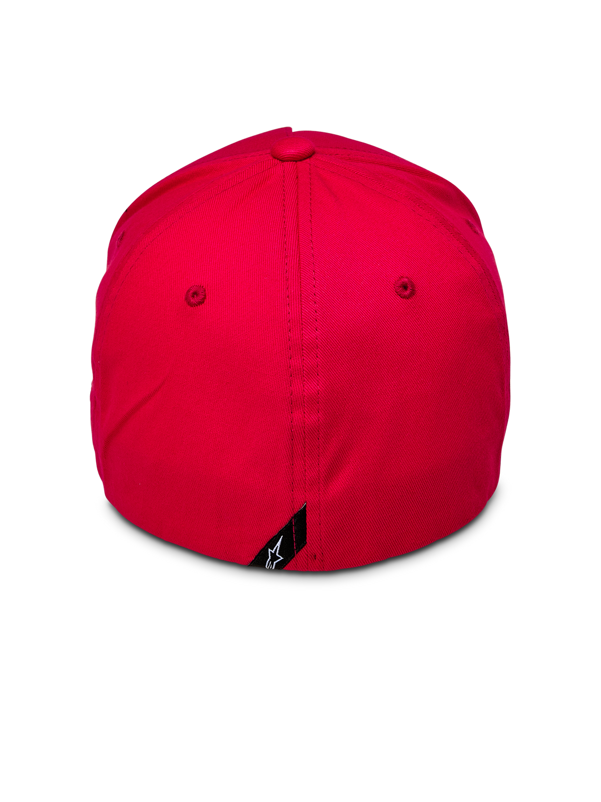 Alpinestars Ride Sonic Hat, vista posteriore di cappellino da baseball rosso, corona strutturata con design retro flessibile, piccola etichetta nera con logo a stella Alpinestars bianco sul retro, copricapo casual in twill elasticizzato rosso