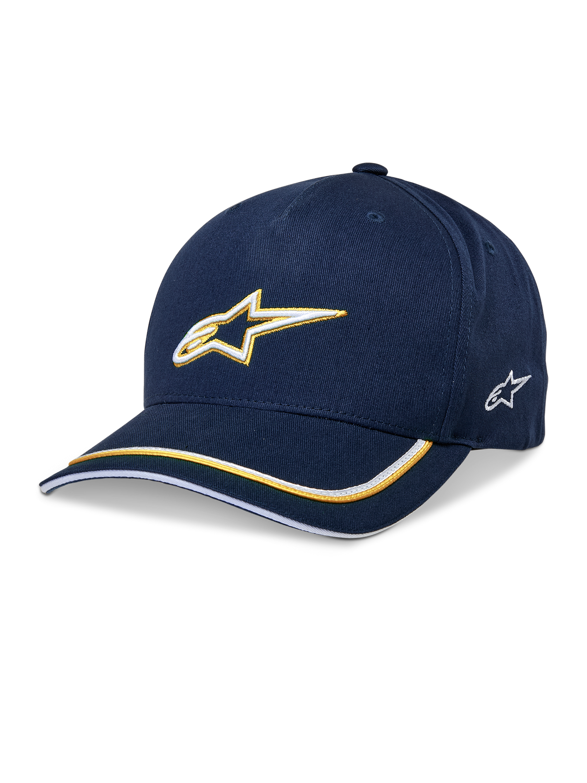 Alpinestars Ascension Snapback Hat, cappellino da baseball, blu navy e oro, logo Astars ricamato in 3D, visiera curva con strisce gialle e bianche, accessorio casual per il motorsport