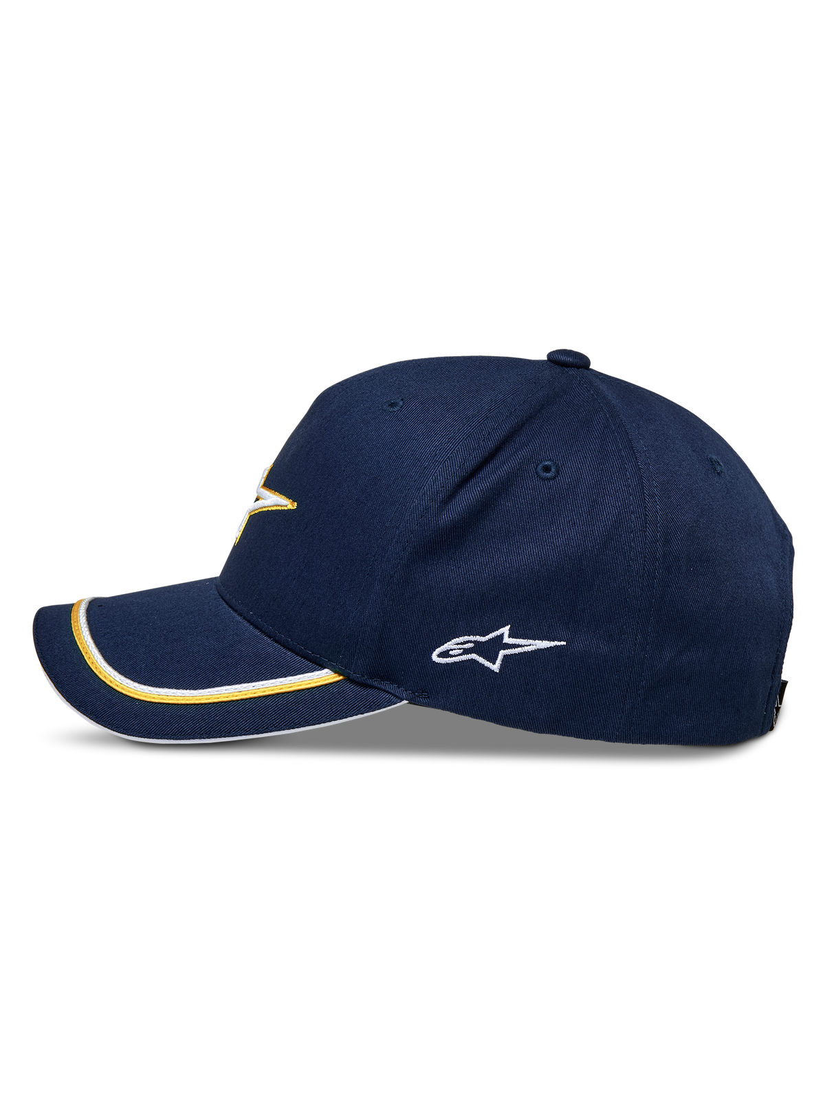 Cappello Snapback Alpinestars Ascension, Blu Navy e Oro, profilo laterale con visiera curva e doppio profilo sutache oro e bianco, logo laterale ricamato, streetwear motorsport casual