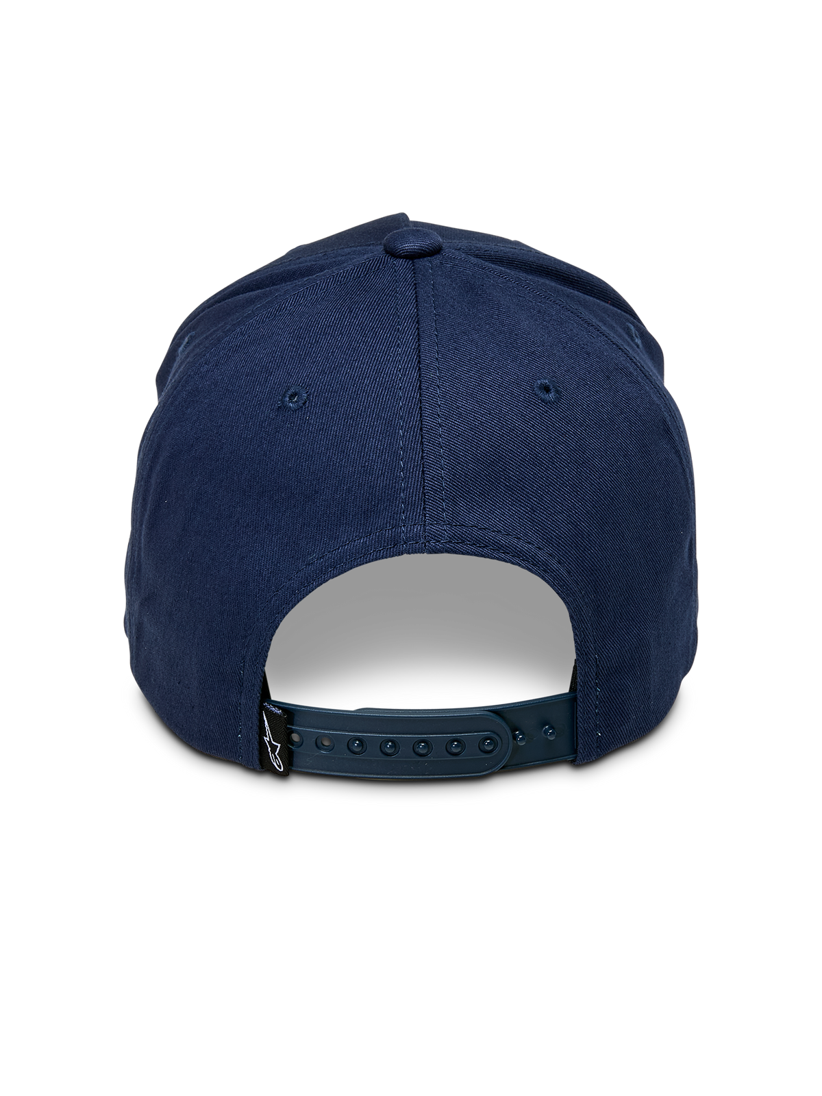 Cappello Snapback Ascension Alpinestars, blu navy, vista posteriore con chiusura snapback regolabile e corona strutturata, piccola etichetta con logo Astars nero, stile streetwear casual motorsport