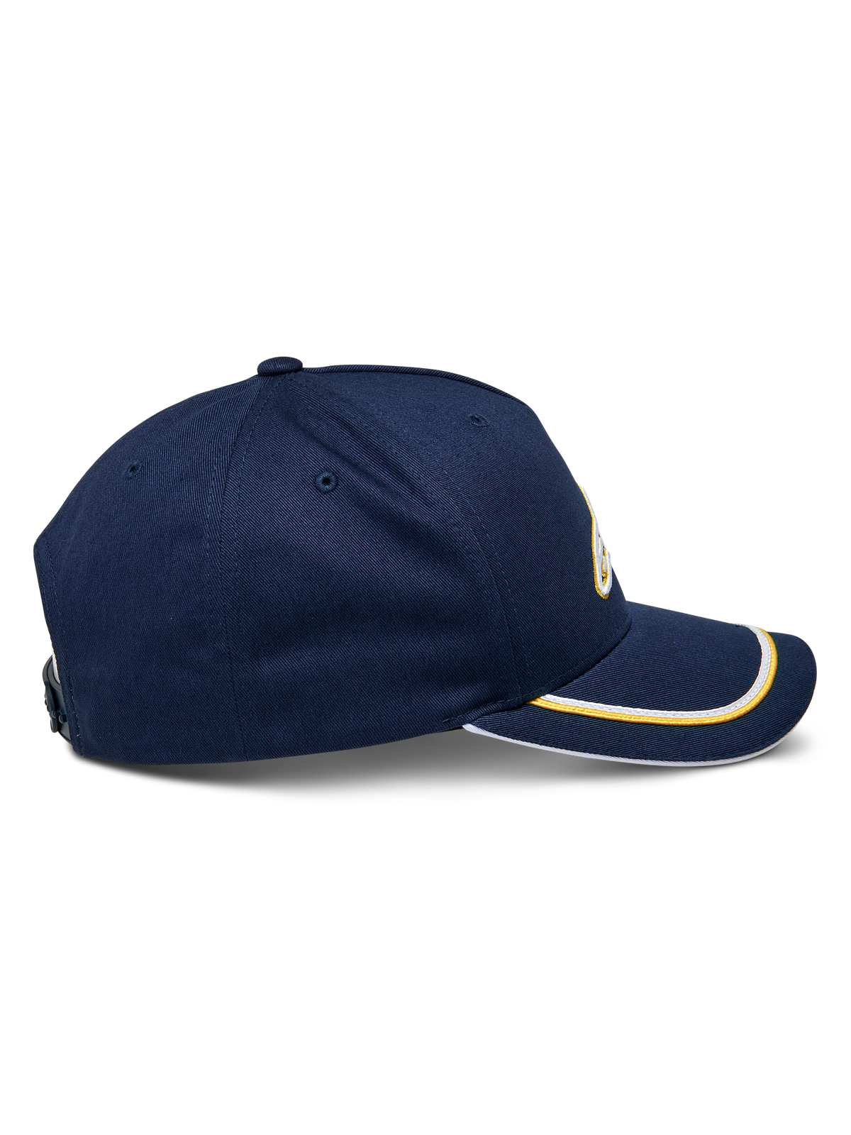 Cappello Snapback Alpinestars Ascension, vista laterale, blu navy con profilo sutache oro e bianco sulla visiera curva, corona strutturata, copricapo casual motorsport