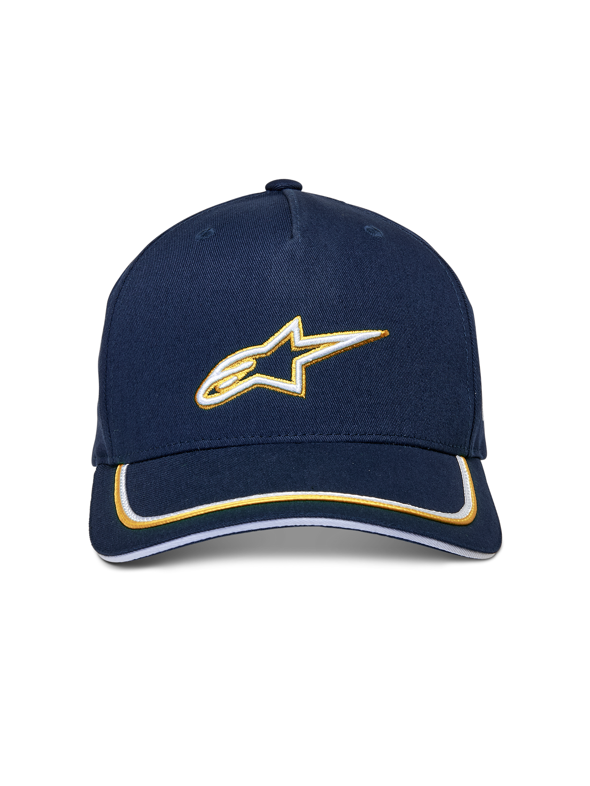 Cappello Snapback Alpinestars Ascension, blu navy e oro, logo Astars 3D ricamato in bianco e oro, visiera curva con doppio profilo sutache, copricapo casual ispirato al motorsport