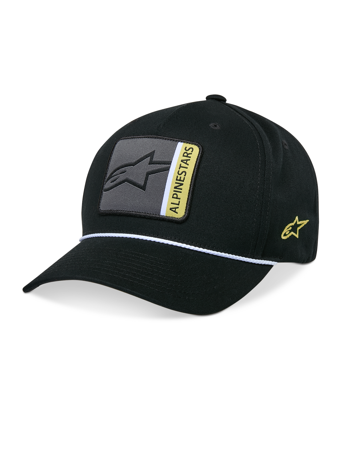 Alpinestars Specific Snapback Hat, nero, visiera curva con cordino intrecciato bianco, patch frontale con logo grigio e giallo, ricamo laterale del logo giallo, corona strutturata, copricapo casual ispirato al motorsport