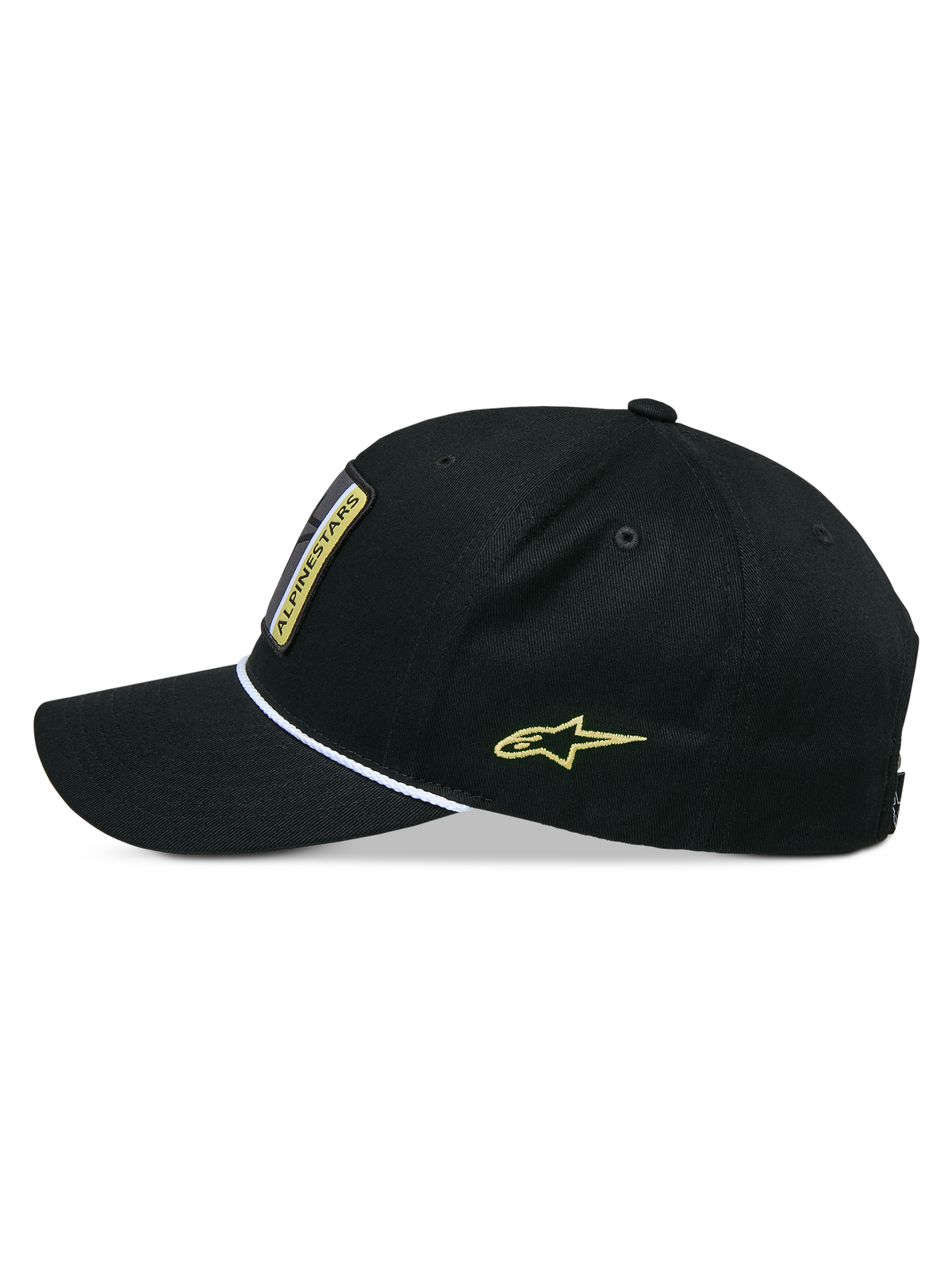 Alpinestars Cappello Snapback Specific, cappello snapback, nero, vista laterale di profilo con visiera curva e bordo in corda intrecciata bianca, logo Astars giallo ricamato sul lato, corona strutturata, copricapo casual