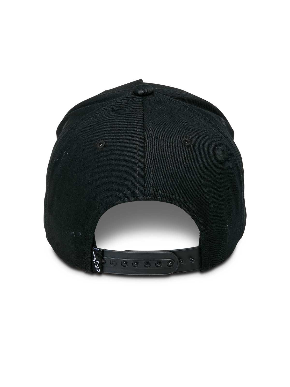 Cappello Snapback Specific Alpinestars, nero, vista posteriore con chiusura snap-back regolabile in plastica e un piccolo logo Astars bianco sull'etichetta posteriore, corona strutturata, copricapo casual da motorsport