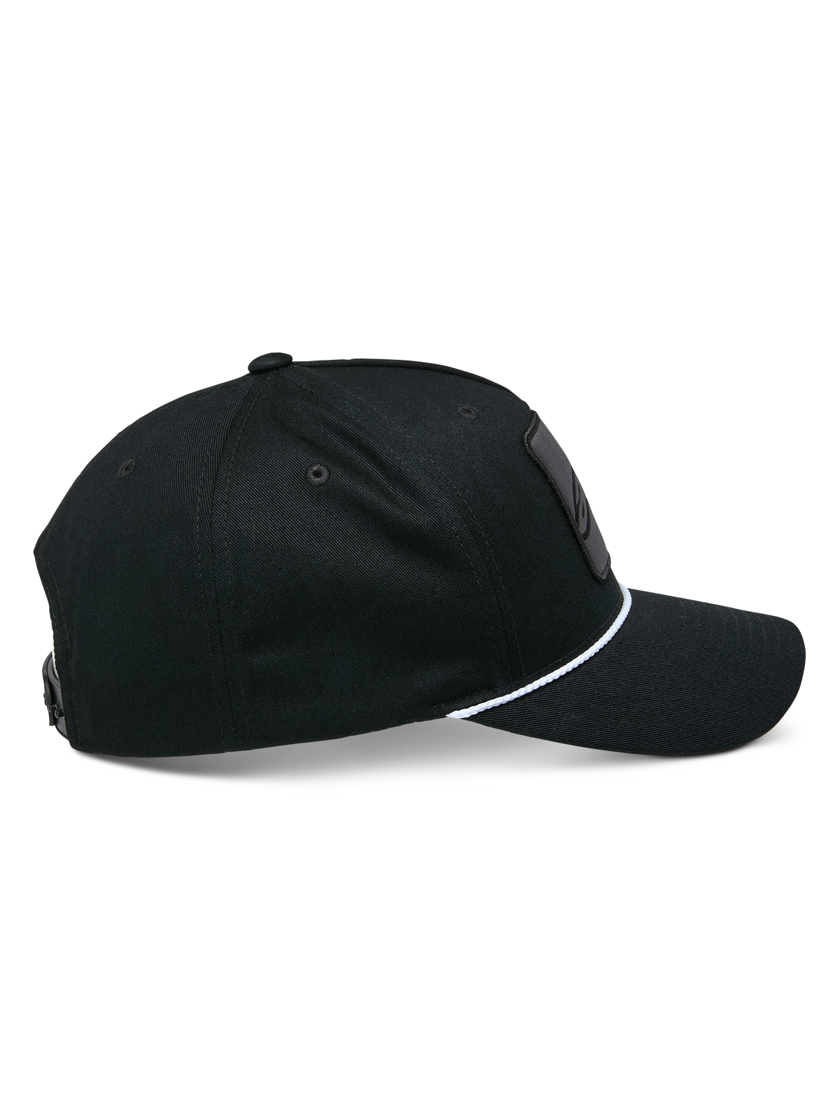 Cappello Snapback Specific Alpinestars, nero, vista laterale della visiera curva con corda intrecciata bianca, corona strutturata, copricapo casual da motorsport