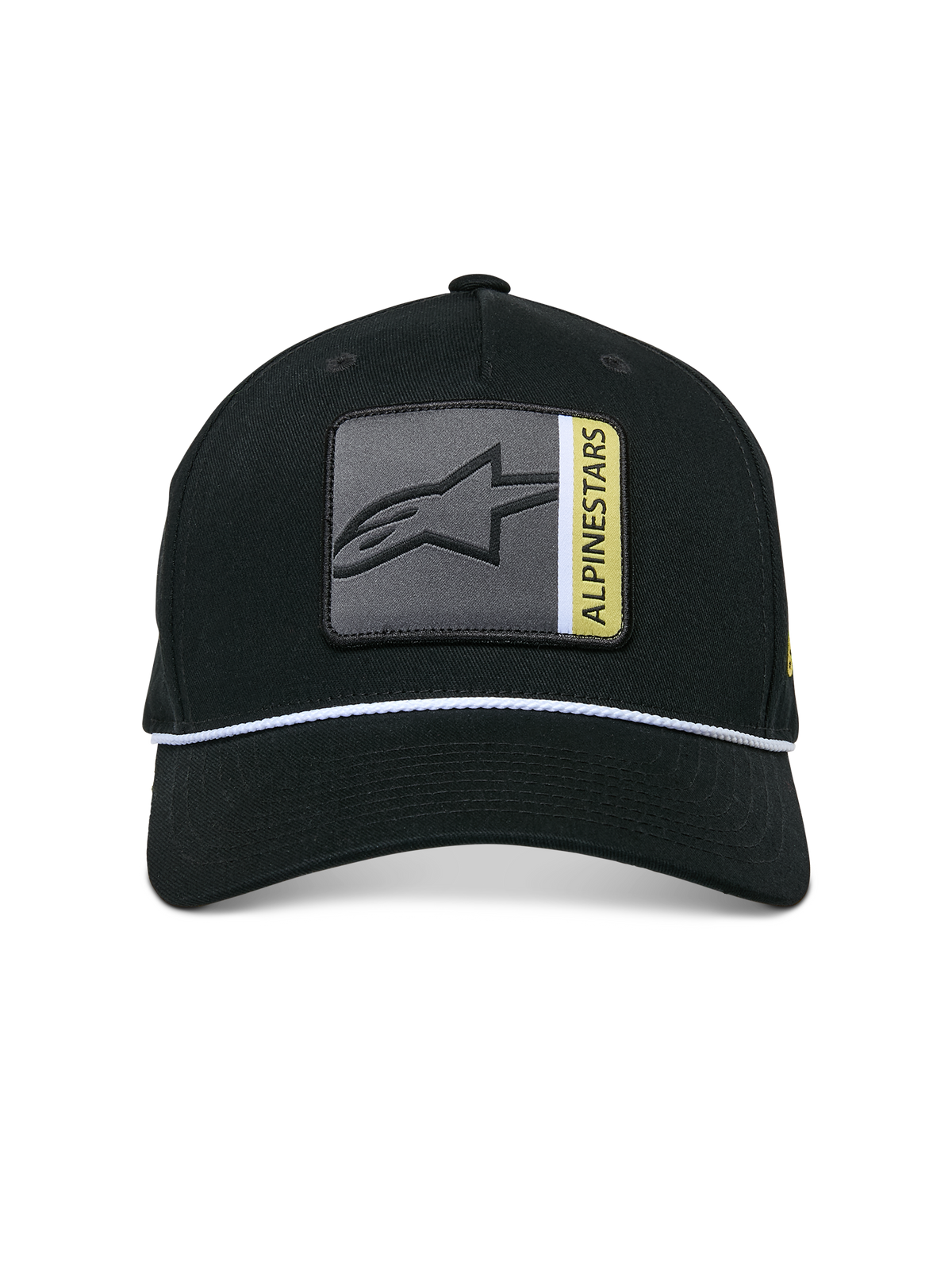 Cappello Snapback Specific Alpinestars, nero, patch frontale con logo Astars multicolore con dettagli grigi e gialli, finitura con corda intrecciata bianca, visiera curva, corona strutturata, stile casual streetwear
