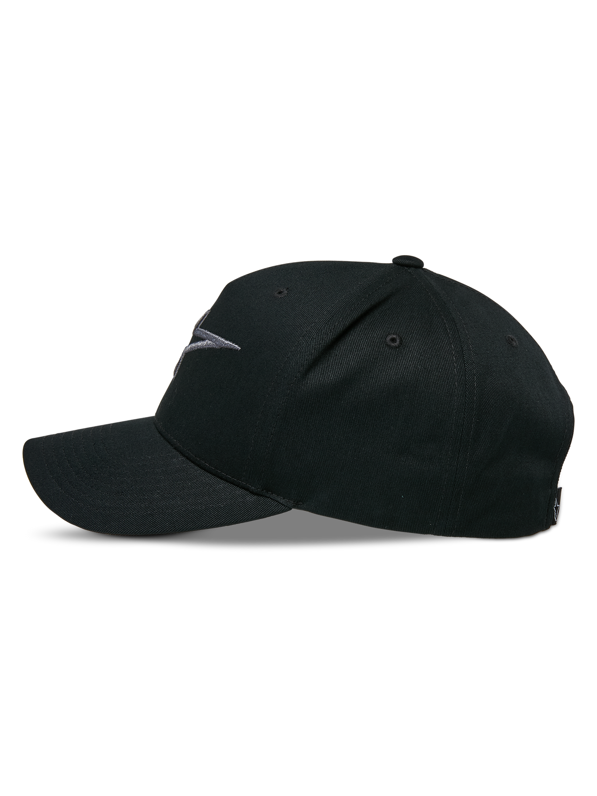 Cappello Snapback Ageless Alpinestars, profilo laterale, nero charcoal, visiera curva con corona strutturata, logo ricamato in 3D sul davanti, tessuto principale in twill di cotone, copricapo casual da motorsport