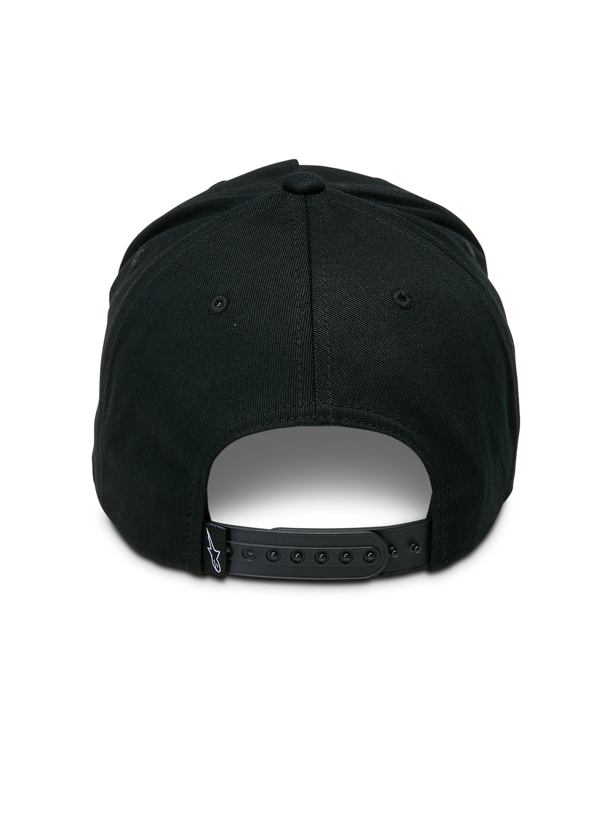 Cappello Snapback Ageless Alpinestars, nero, vista posteriore con chiusura snapback regolabile, piccola etichetta in tessuto con logo a stella, corona strutturata in twill di cotone, copricapo casual ispirato al motorsport